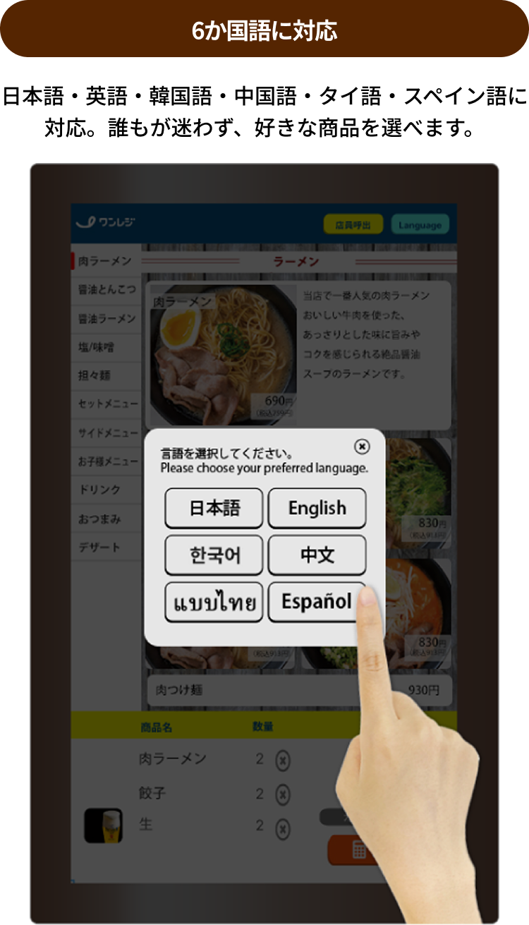 多言語対応＆お持ち帰りイートインの簡単切替！