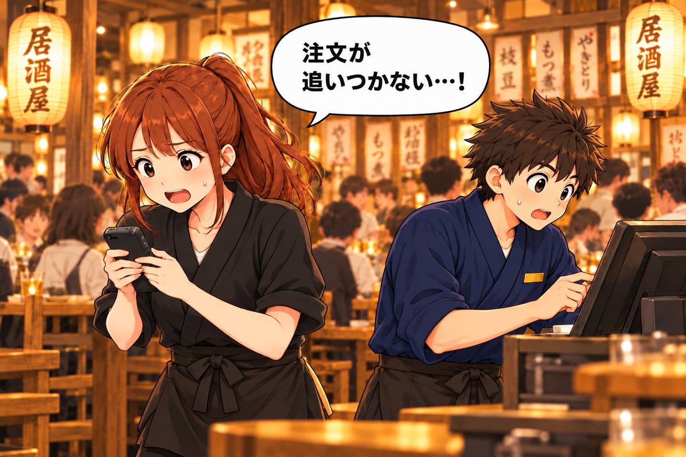 アルバイトが「注文が追いつかない…！」とハンディを持ち、店長はレジで会計に追われている