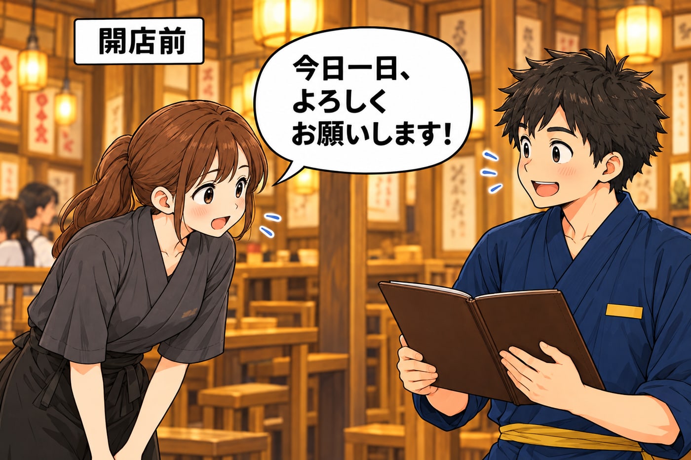 開店前。新人アルバイトが「今日一日、よろしくお願いします！」、店長がメニューを持って迎える