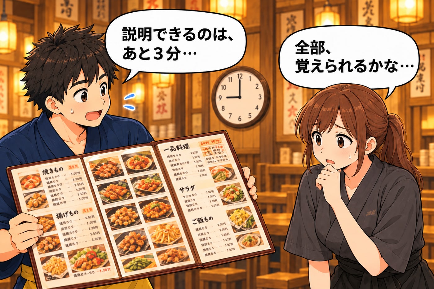 店長が「説明できるのは、あと3分…」とメニューを見せ、アルバイトが「全部、覚えられるかな…」と不安そう