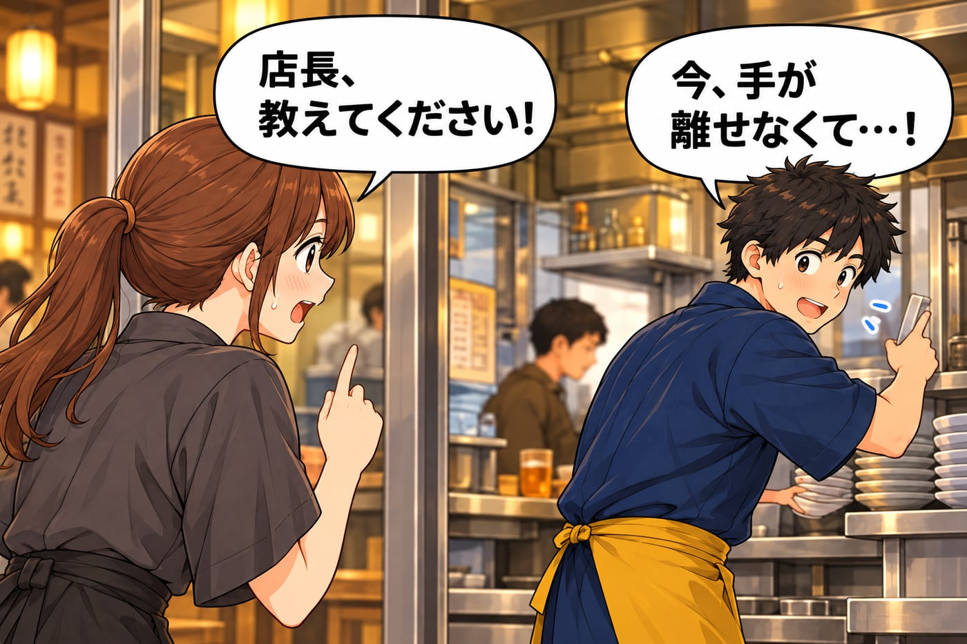 アルバイトが「店長、教えてください！」、店長は「今、手が離せなくて…！」と厨房で手一杯
