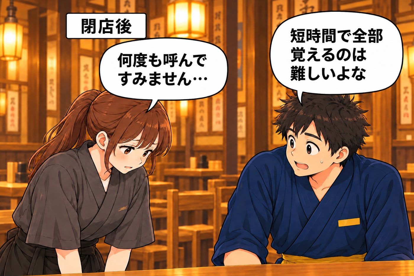 閉店後。アルバイトが「何度も呼んですみません…」、店長が「短時間で全部覚えるのは難しいよな」