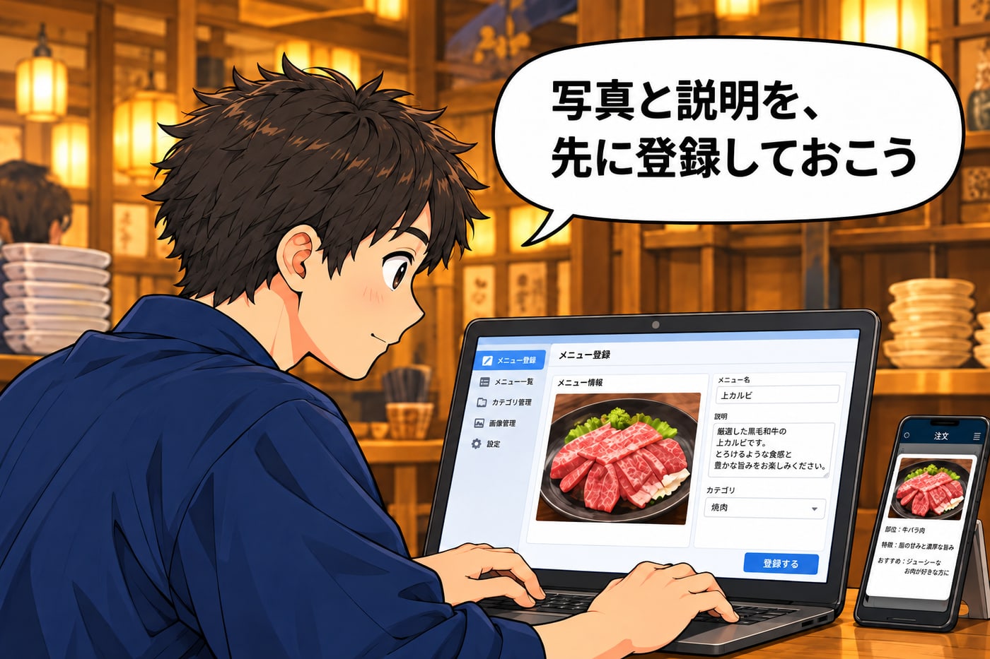 店長がパソコンで「写真と説明を、先に登録しておこう」とハンディに商品写真と説明を登録する