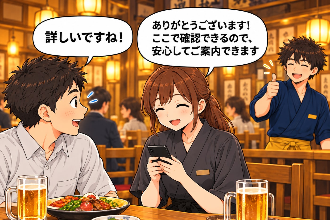 お客様が「詳しいですね！」、アルバイトが「ありがとうございます！ここで確認できるので、安心してご案内できます」