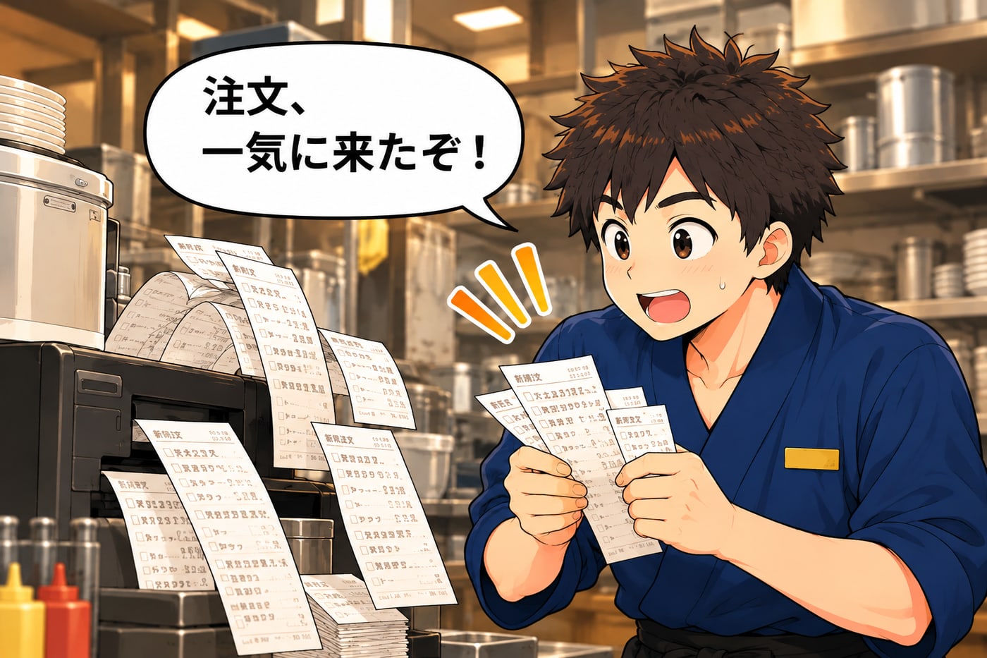 厨房に注文の伝票が一気に出て、スタッフが「注文、一気に来たぞ！」