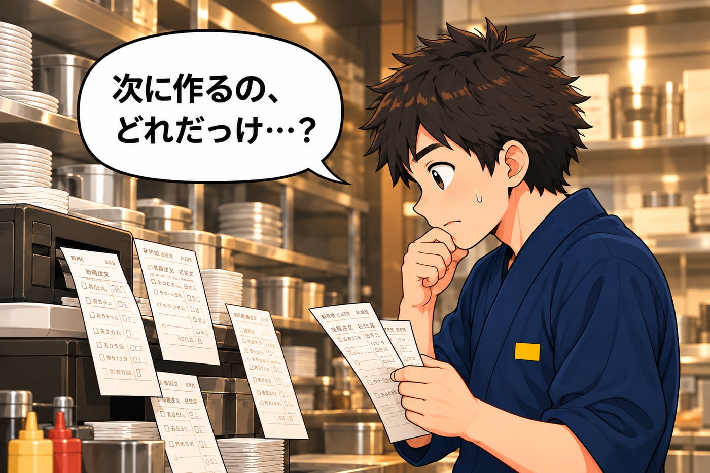 伝票を手に「次に作るの、どれだっけ…？」と迷う