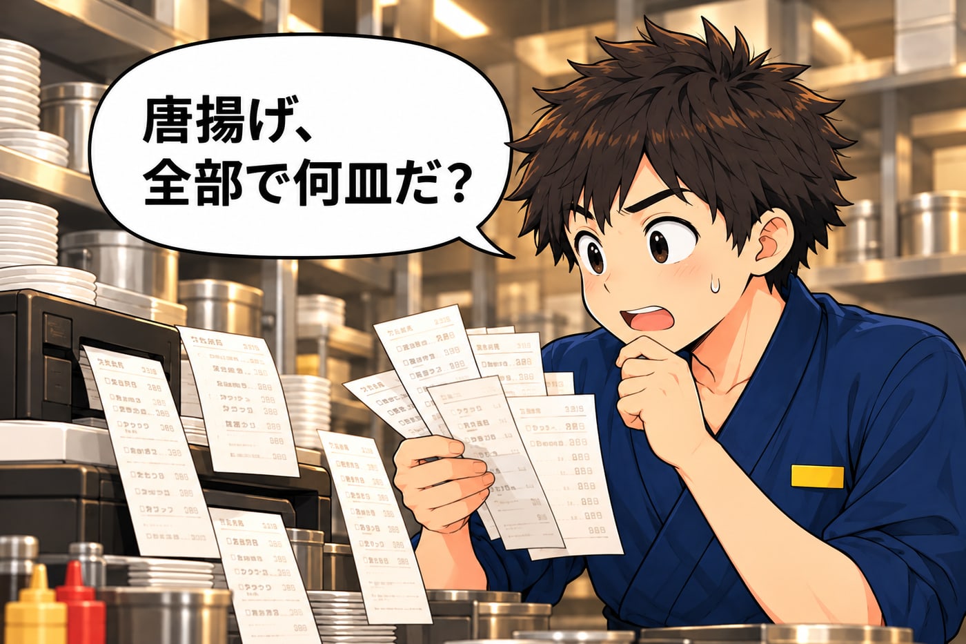 伝票を何枚も見ながら「唐揚げ、全部で何皿だ？」