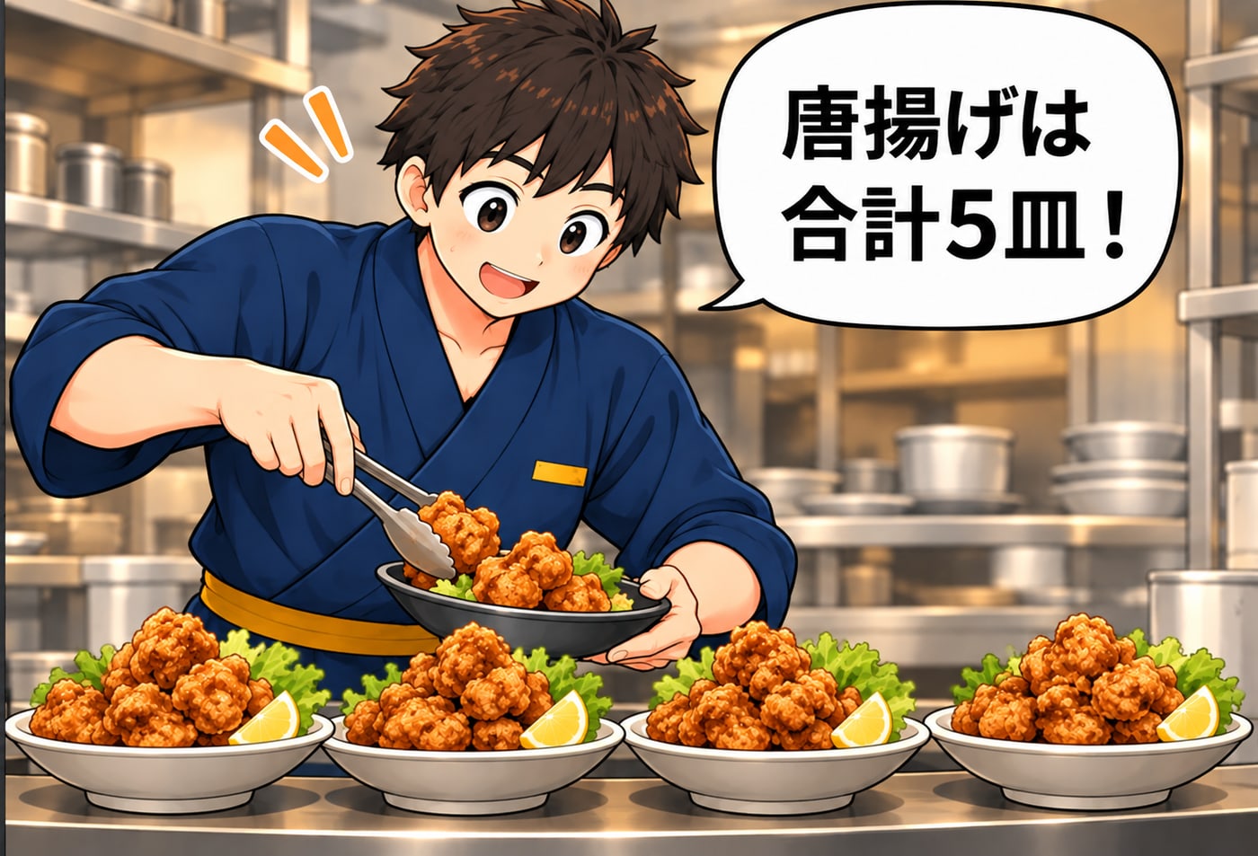 唐揚げを盛り付けながら「唐揚げは合計5皿！」
