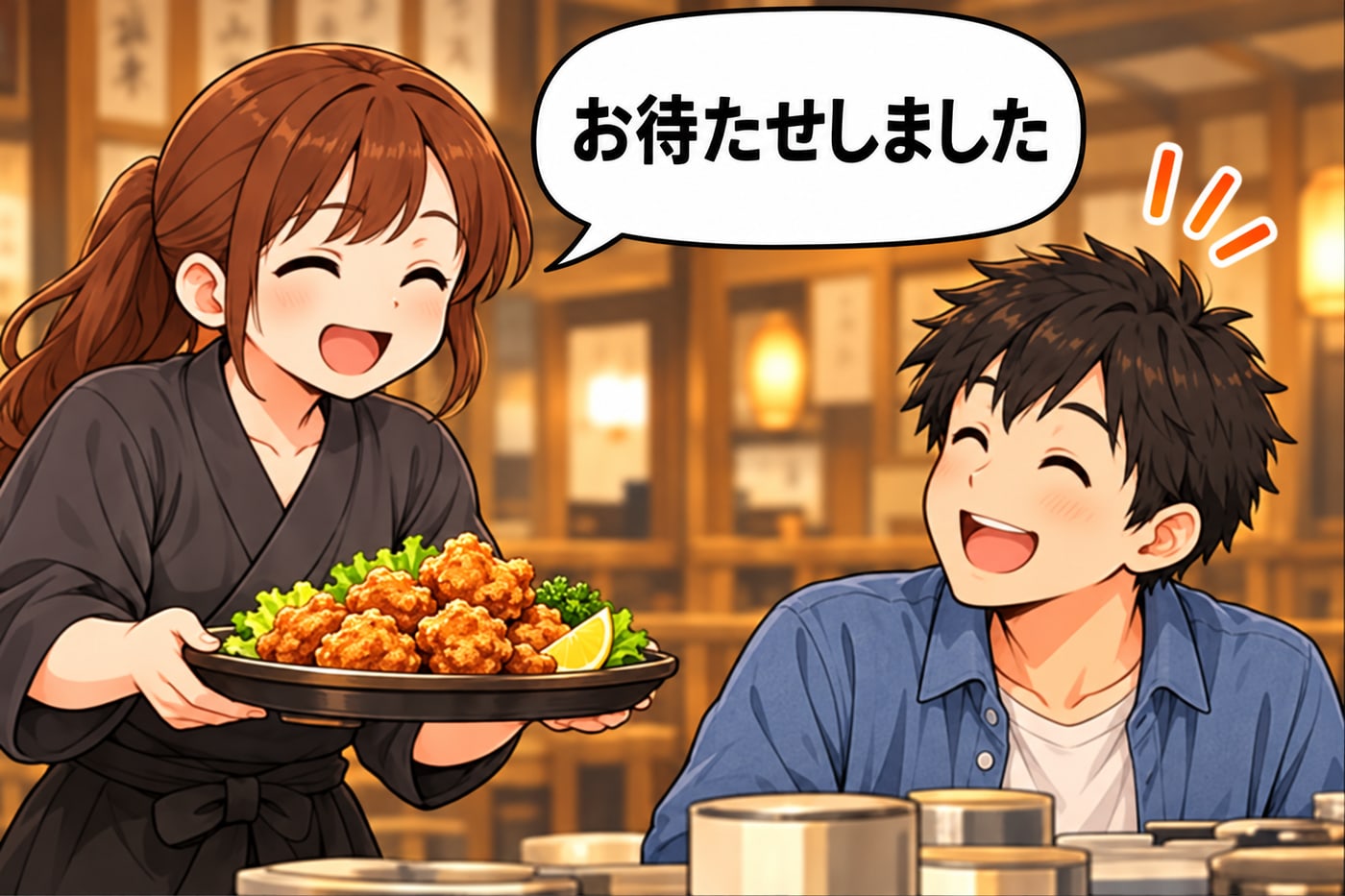 ホールのスタッフが「お待たせしました」と料理を運び、お客様が笑顔