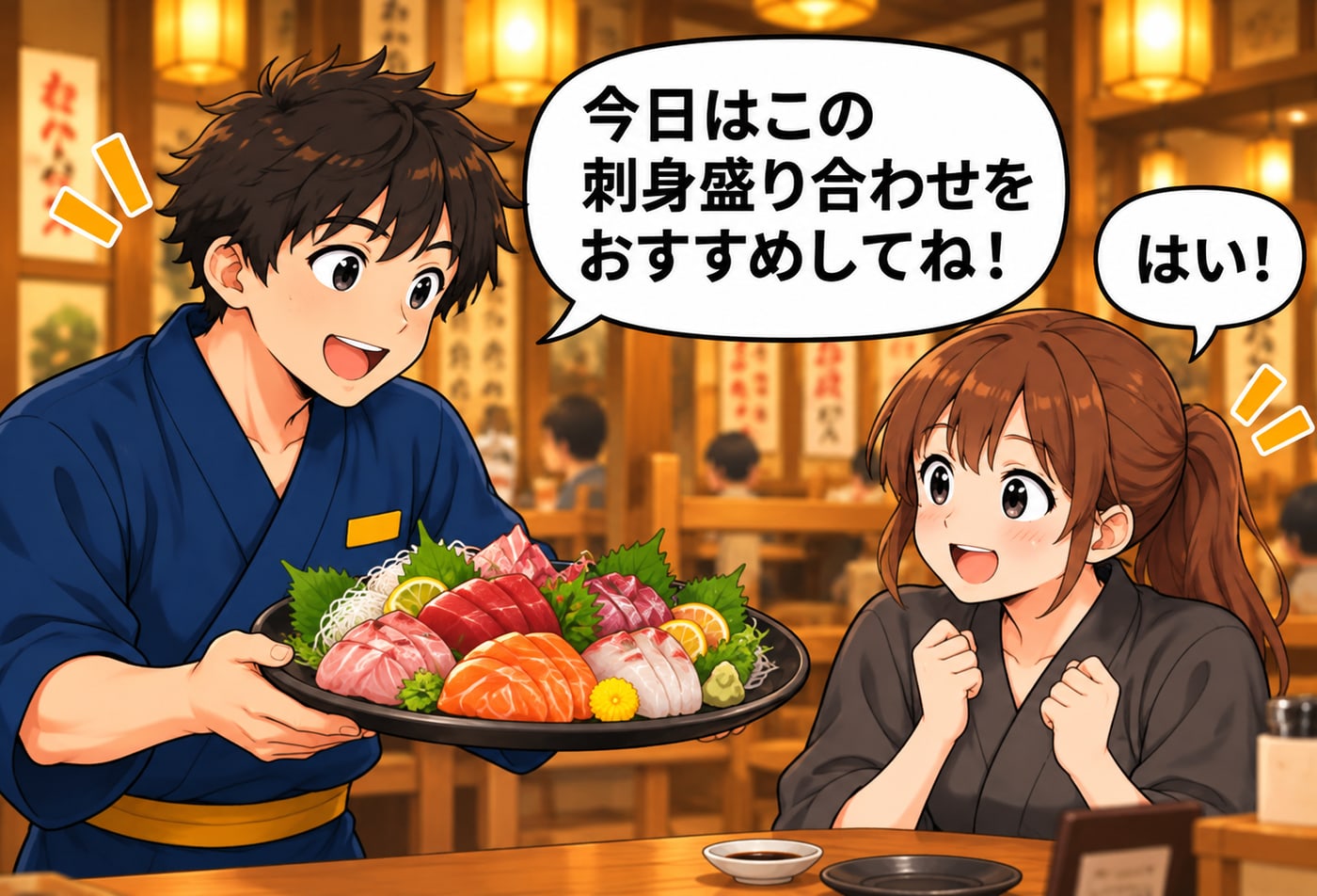 店長が刺身の盛り合わせを見せて「今日はこの刺身盛り合わせをおすすめしてね！」、スタッフが「はい！」