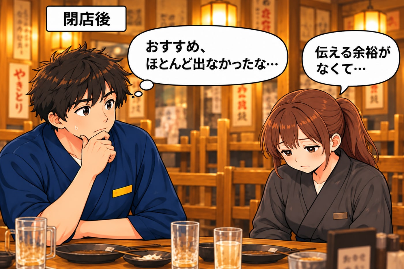 閉店後。「おすすめ、ほとんど出なかったな…」「伝える余裕がなくて…」