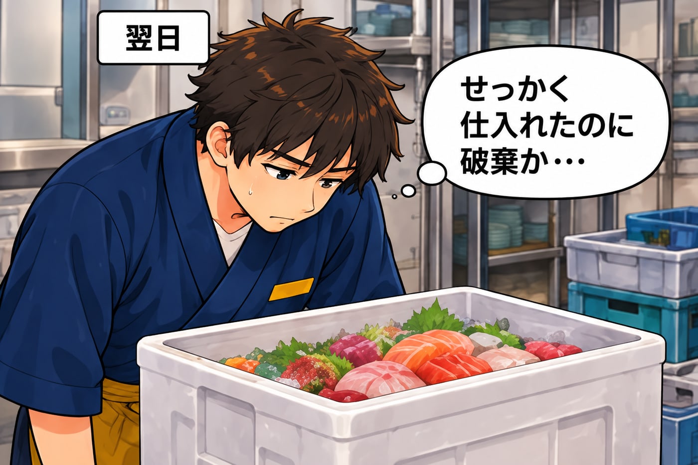 翌日、仕入れた刺身を前に「せっかく仕入れたのに破棄か…」