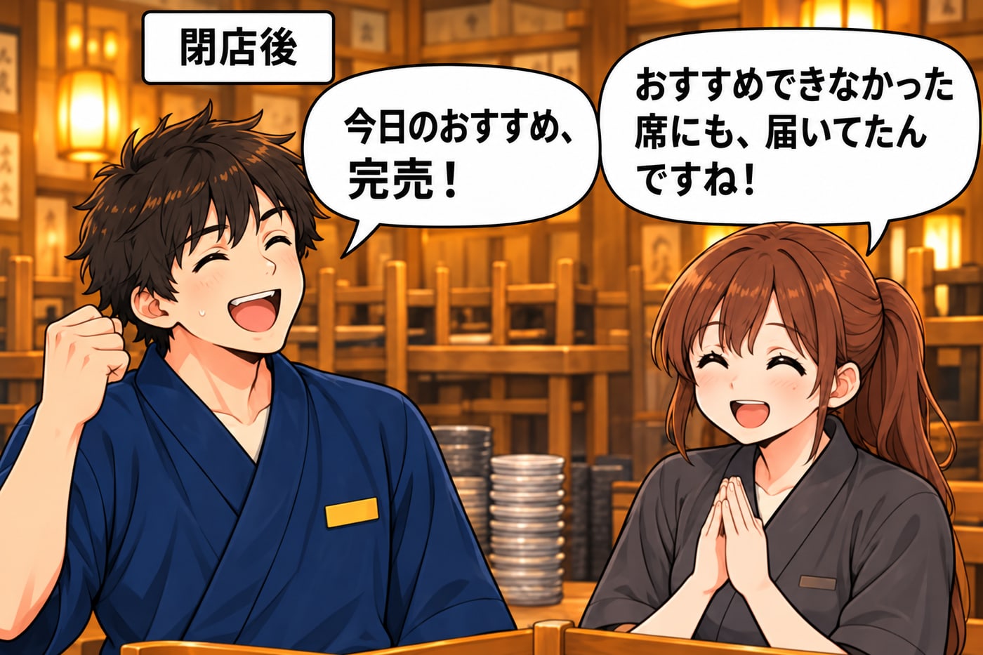 閉店後。「今日のおすすめ、完売！」「おすすめできなかった席にも、届いたんですね！」