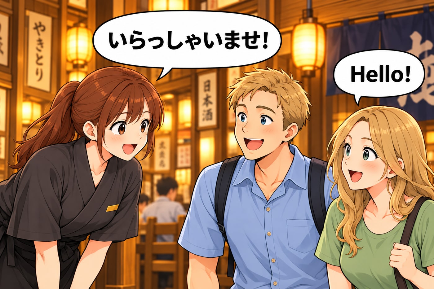 外国人のお客様が来店。スタッフが「いらっしゃいませ!」、お客様が「Hello!」