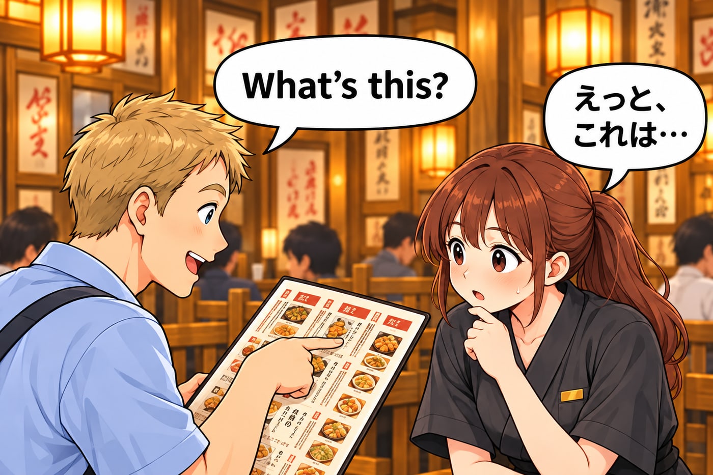 お客様がメニューを指して「What's this?」、スタッフは「えっと、これは…」