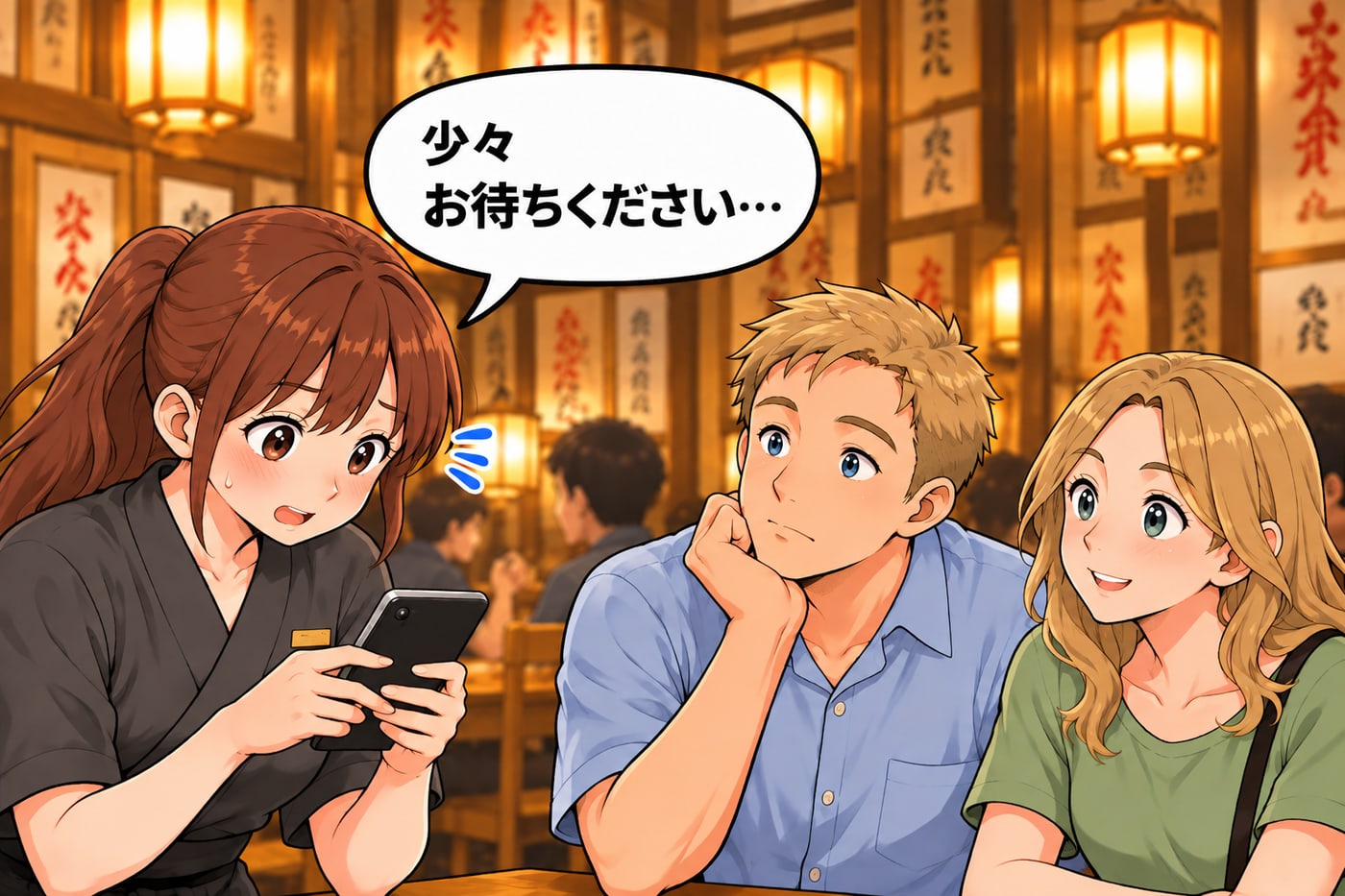 スタッフがスマホの翻訳アプリを操作しながら「少々お待ちください…」