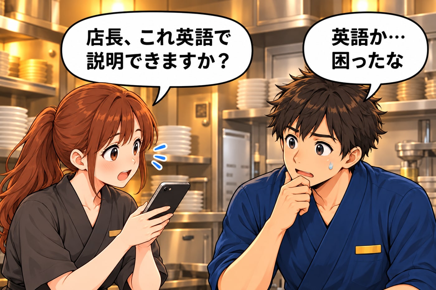 スタッフが「店長、これ英語で説明できますか?」、店長は「英語か…困ったな」