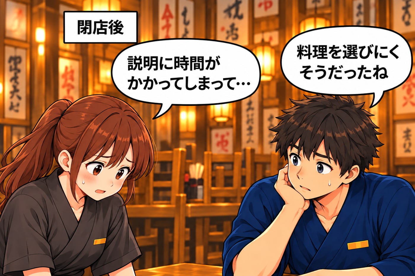 閉店後。「説明に時間がかかってしまって…」「料理を選びにくそうだったね」