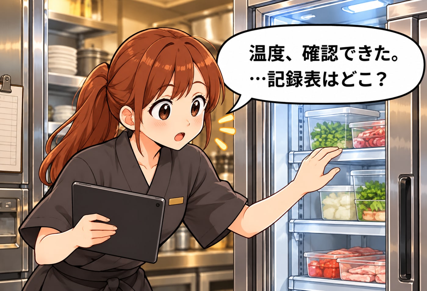 冷蔵庫の前でスタッフがタブレットを手に「温度、確認できた。…記録表はどこ？」