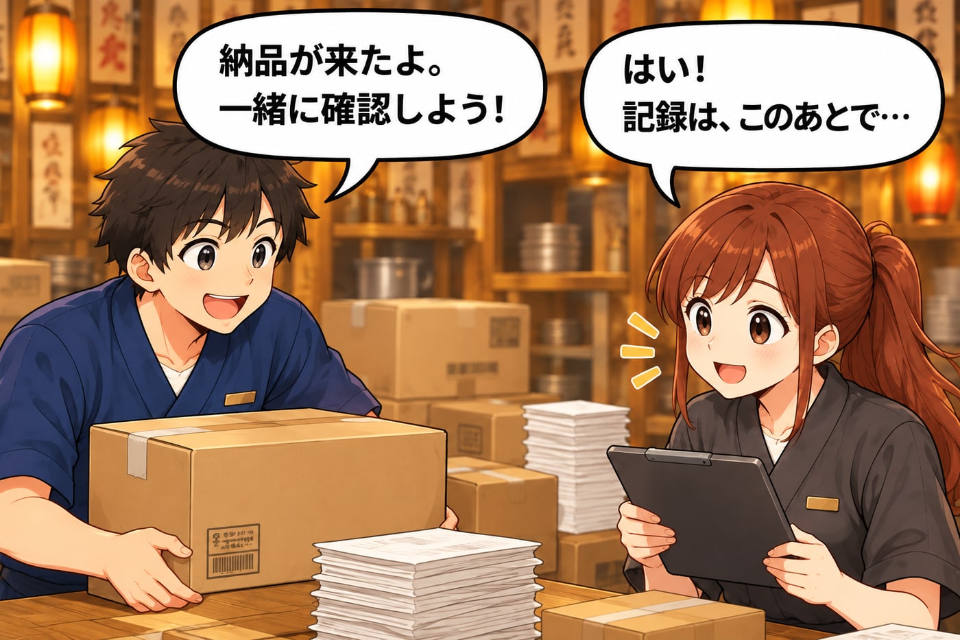 納品の箱を抱えた店長が「納品が来たよ。一緒に確認しよう！」、スタッフは「はい！記録は、このあとで…」