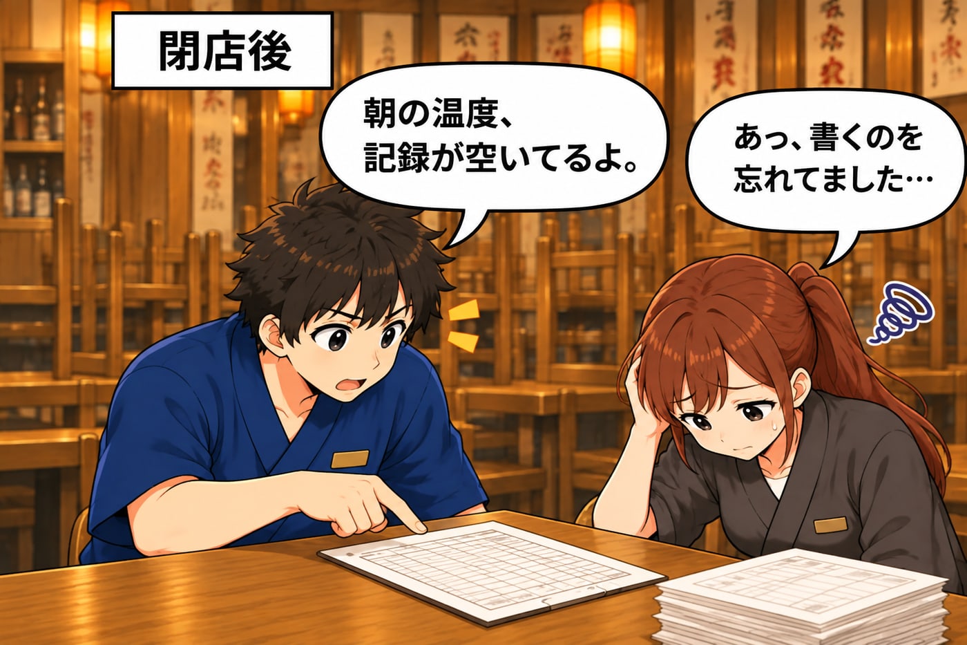 閉店後。店長が記録表を指して「朝の温度、記録が空いてるよ。」、スタッフは「あっ、書くのを忘れてました…」