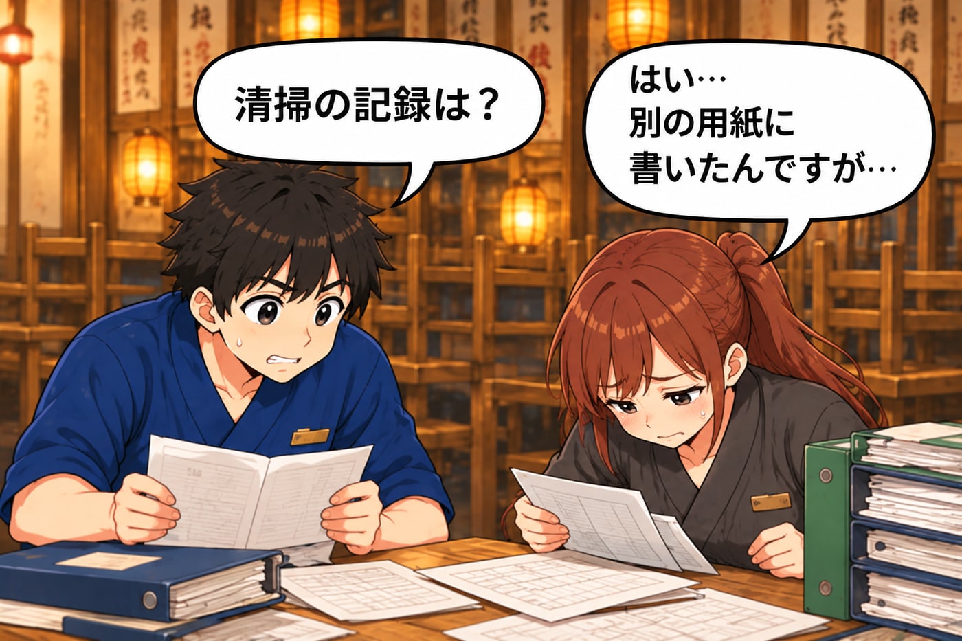 店長が「清掃の記録は？」、スタッフは別の用紙を見ながら「はい…別の用紙に書いたんですが…」
