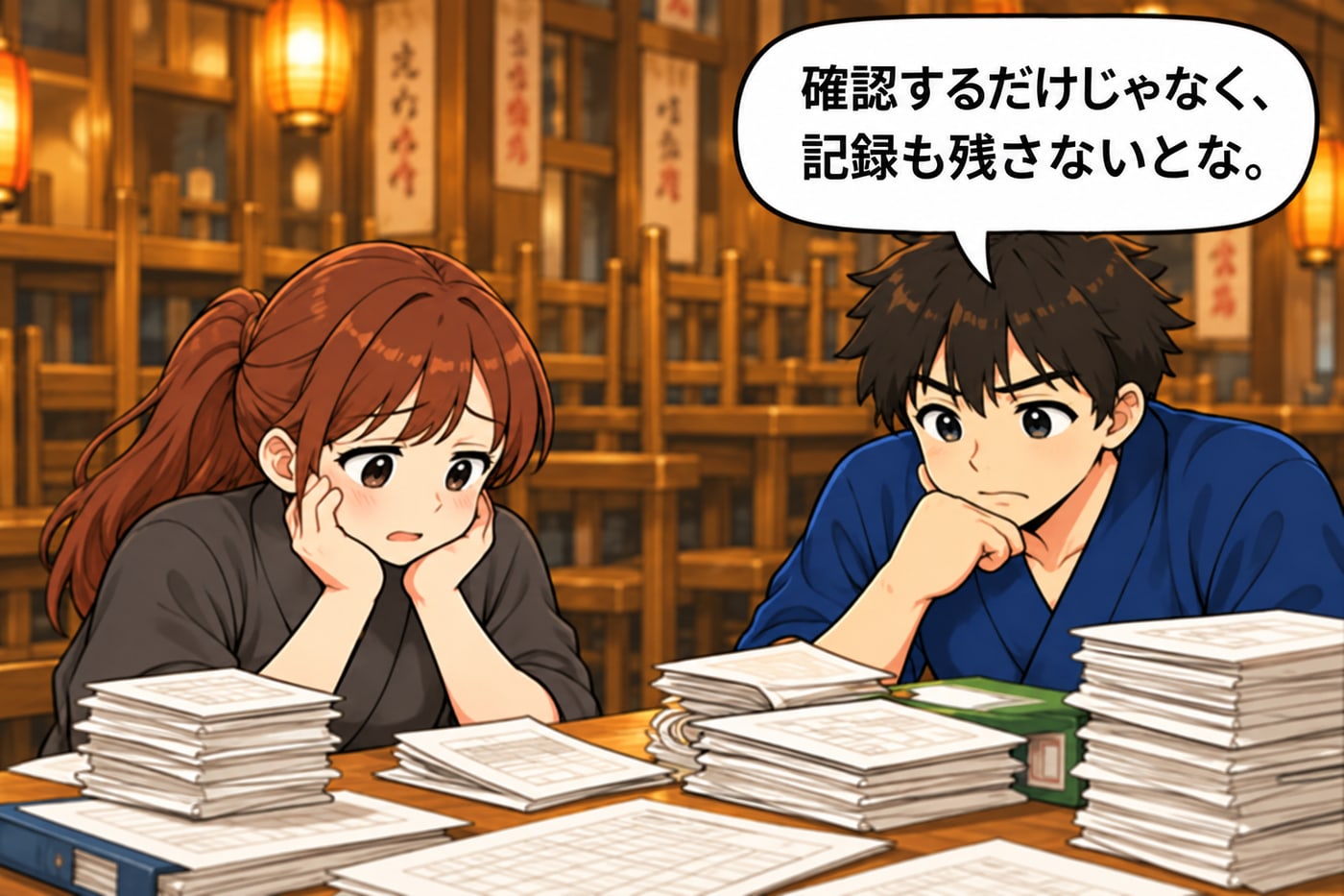 書類の山を前に店長が「確認するだけじゃなく、記録も残さないとな。」