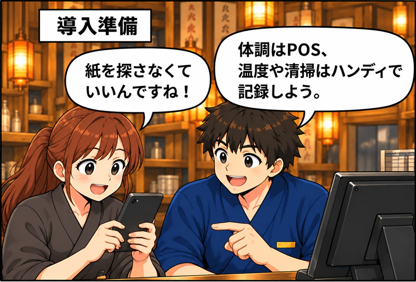 導入準備。スタッフが「紙を探さなくていいんですね！」、店長が「体調はPOS、温度や清掃はハンディで記録しよう。」