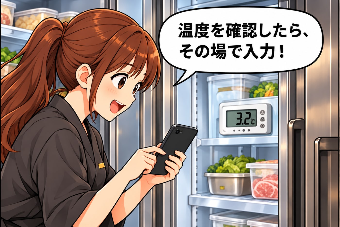 冷蔵庫の前でハンディを操作しながら「温度を確認したら、その場で入力！」