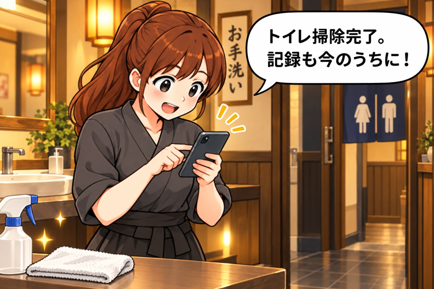 トイレ掃除のあとにハンディで「トイレ掃除完了。記録も今のうちに！」