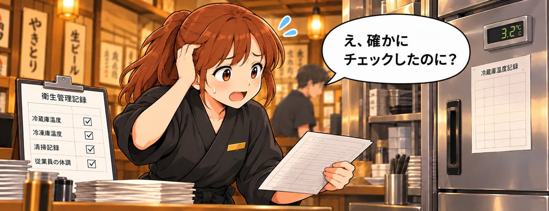 冷蔵庫の前でスタッフがタブレットを手に「温度、確認できた。…記録表はどこ？」と記録表を探している