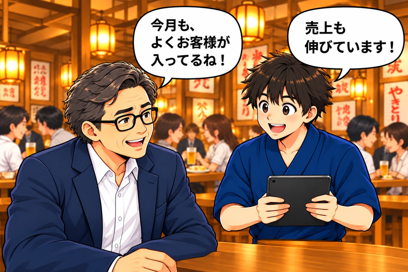 店内で社長とスタッフが「今月も、よくお客様が入ってるね！」「売上も伸びています！」