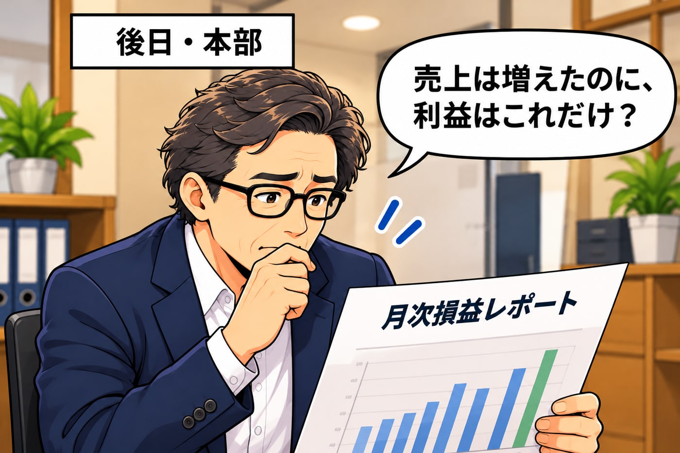 後日・本部。社長が月次損益レポートを見て「売上は増えたのに、利益はこれだけ？」