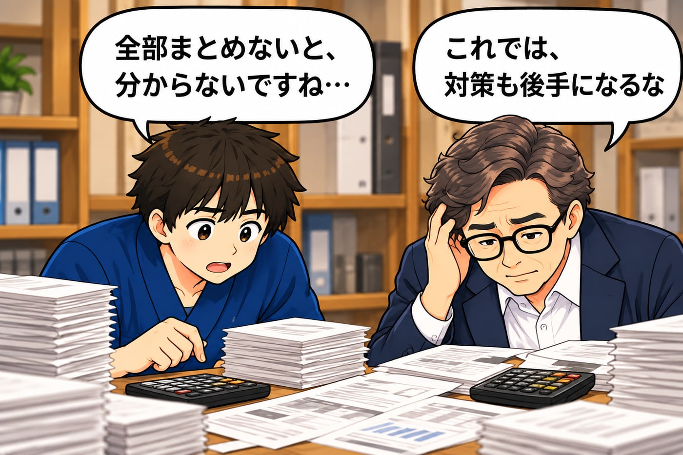 書類の山を前に「全部まとめないと、分からないですね…」「これでは、対策も後手になるな」