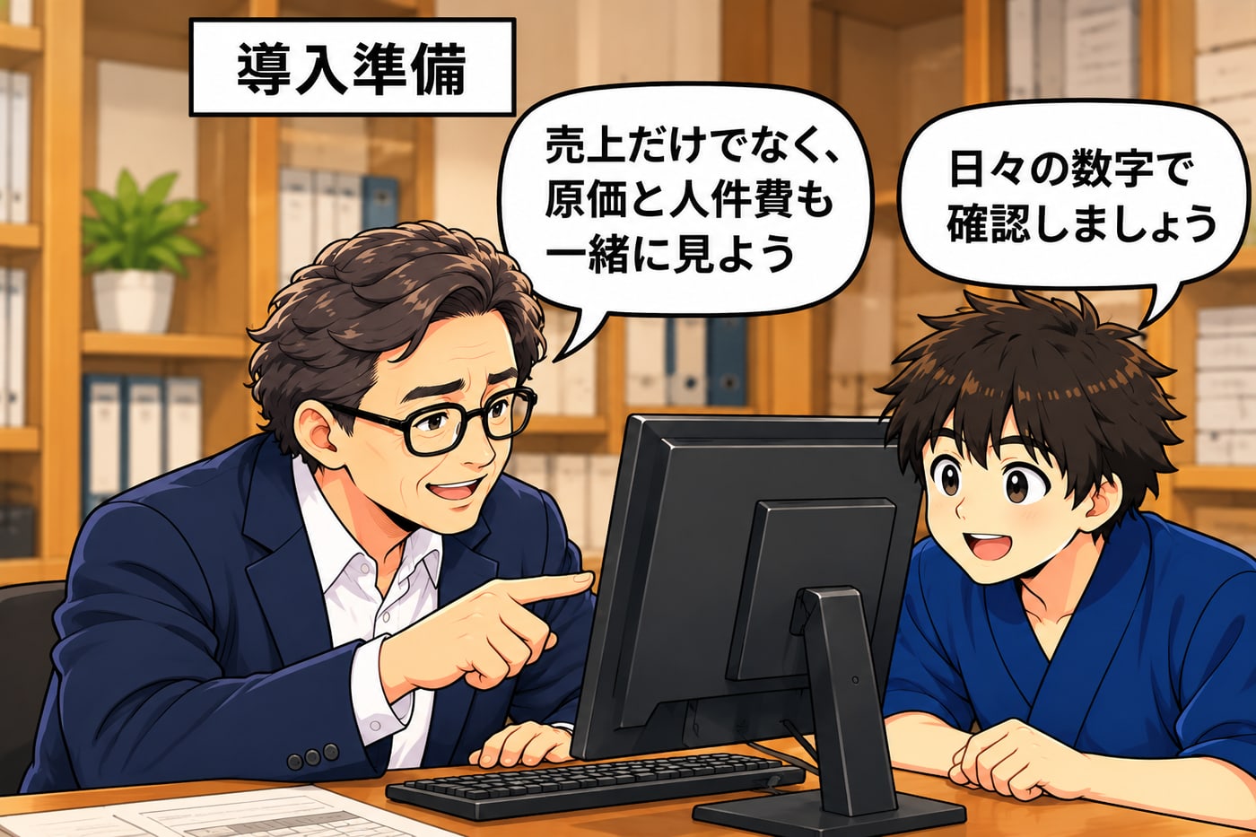導入準備。社長が「売上だけでなく、原価と人件費も一緒に見よう」、スタッフが「日々の数字で確認しましょう」