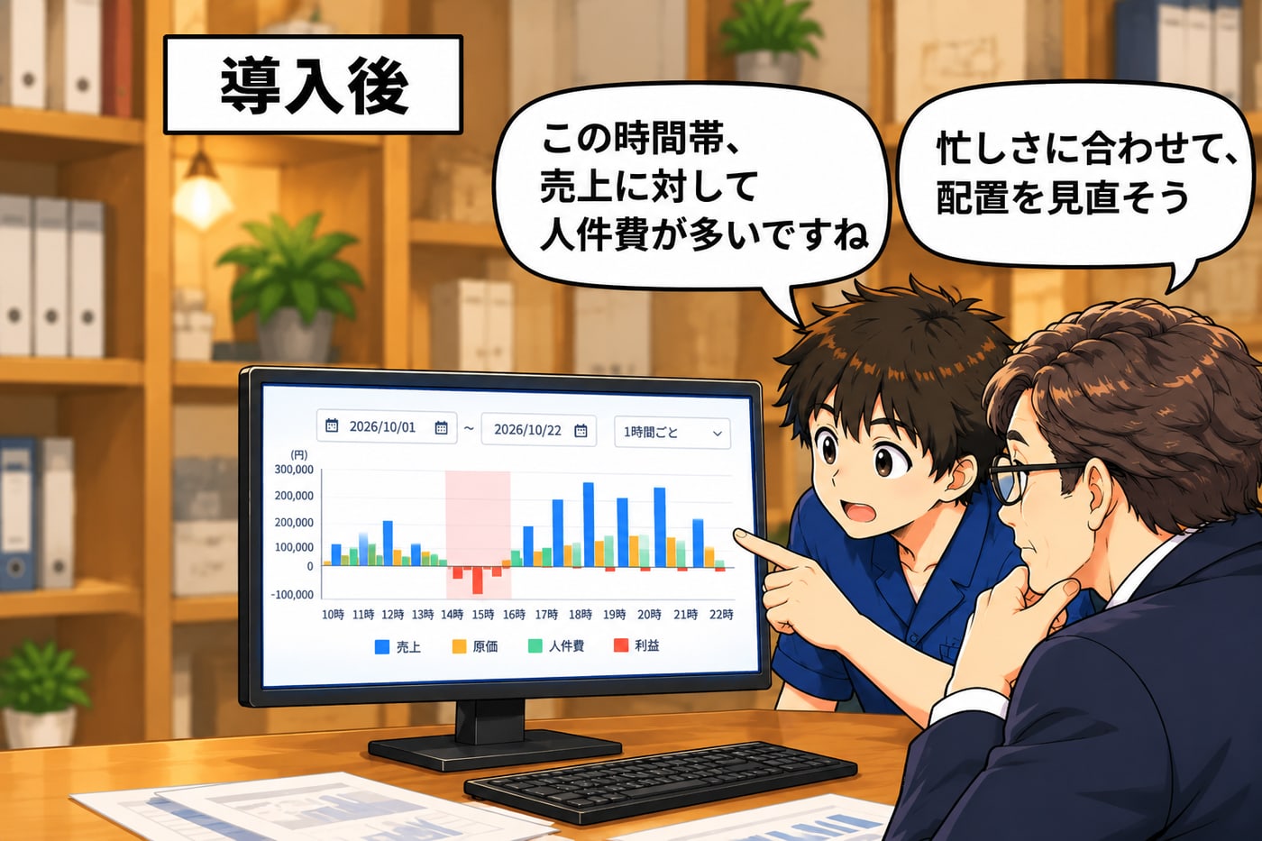 導入後。スタッフが「この時間帯、売上に対して人件費が多いですね」、社長が「忙しさに合わせて、配置を見直そう」