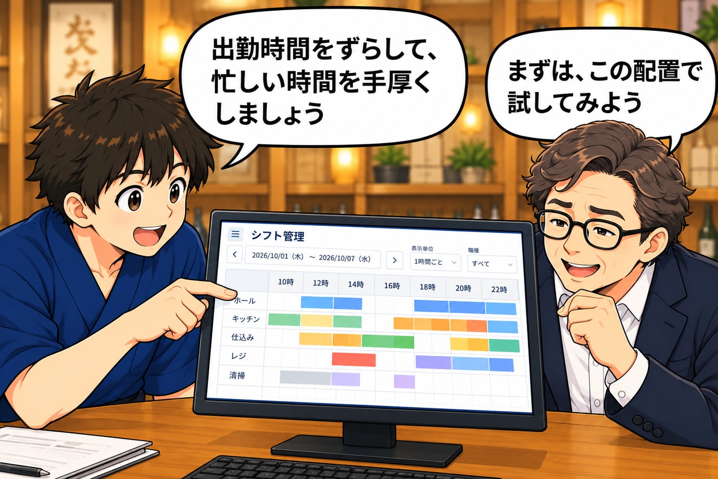 シフト管理の画面を見ながら「出勤時間をずらして、忙しい時間を手厚くしましょう」「まずは、この配置で試してみよう」