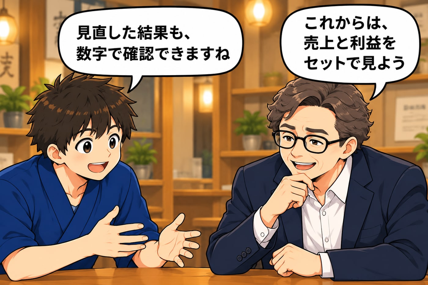 「見直した結果も、数字で確認できますね」「これからは、売上と利益をセットで見よう」