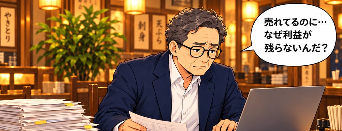 社長が帳簿とノートパソコンを前に「売れてるのに…なぜ利益が残らないんだ？」と悩んでいる