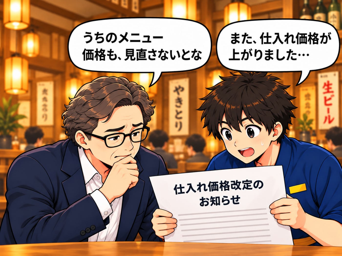 仕入れ価格改定のお知らせを見て、社長が「うちのメニュー価格も、見直さないとな」、店長が「また、仕入れ価格が上がりました…」
