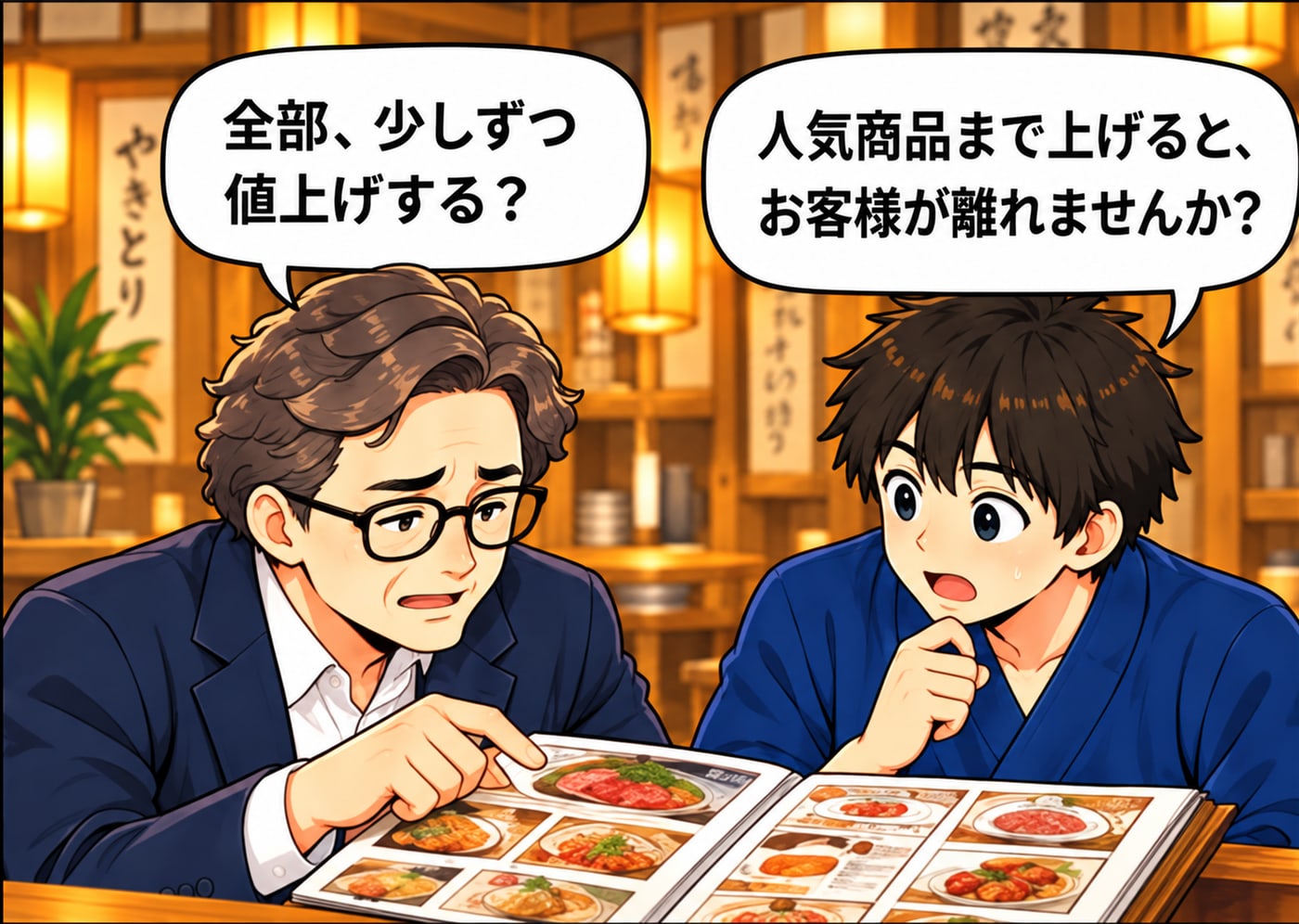 メニューを見ながら「全部、少しずつ値上げする？」「人気商品まで上げると、お客様が離れませんか？」