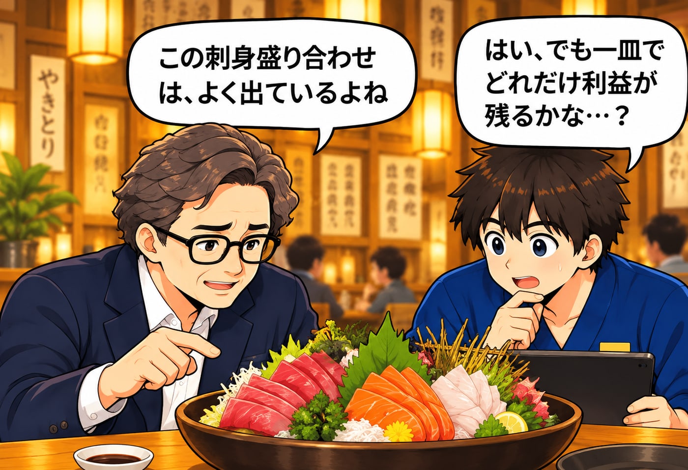 刺身盛り合わせを前に「この刺身盛り合わせは、よく出ているよね」「はい、でも一皿でどれだけ利益が残るかな…？」