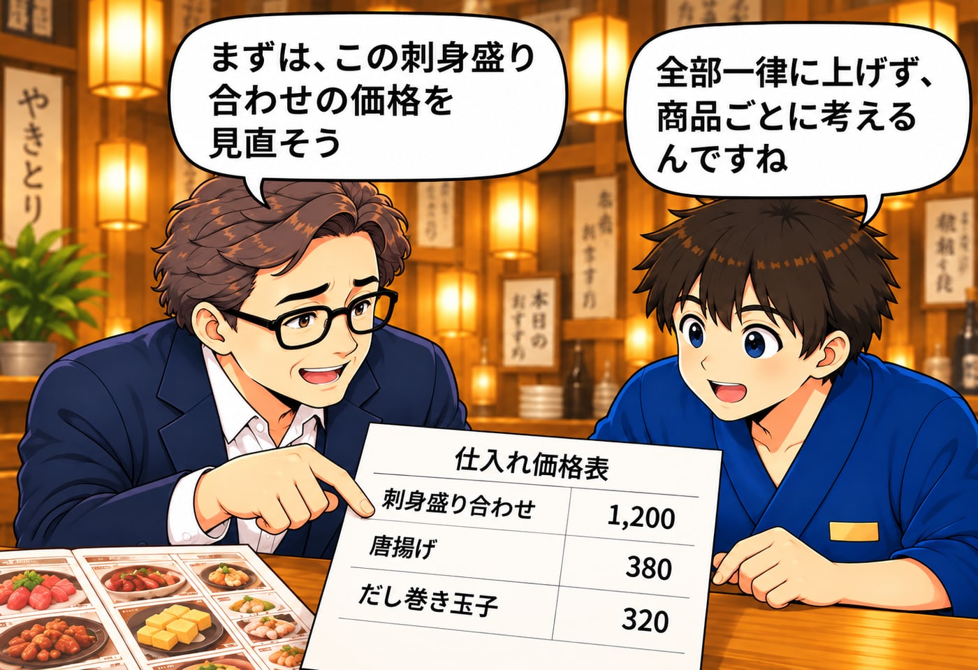 仕入れ価格表を見ながら「まずは、この刺身盛り合わせの価格を見直そう」「全部一律に上げず、商品ごとに考えるんですね」