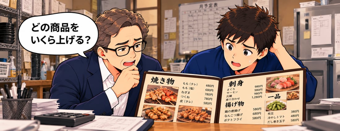 社長と店長がメニューと仕入れ価格表を前に「値上げ、どれから？」と悩んでいる