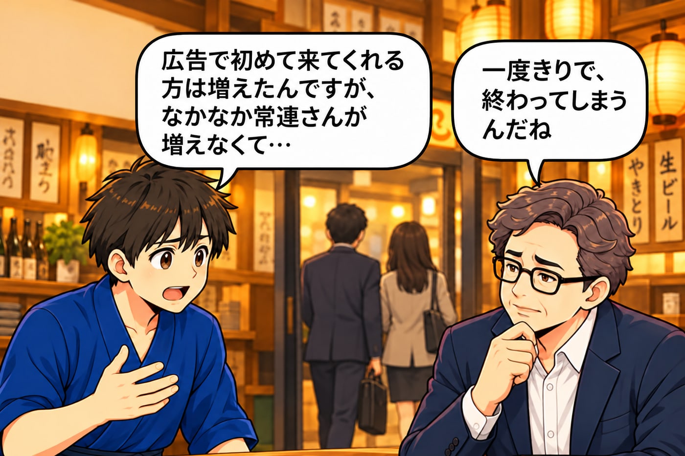 居酒屋で店長が「広告で初めて来てくれる方は増えたんですが、なかなか常連さんが増えなくて…」、社長が「一度きりで、終わってしまうんだね」