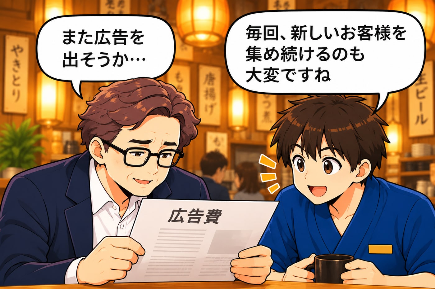 社長が広告費の資料を見て「また広告を出そうか…」、店長が「毎回、新しいお客様を集め続けるのも大変ですね」