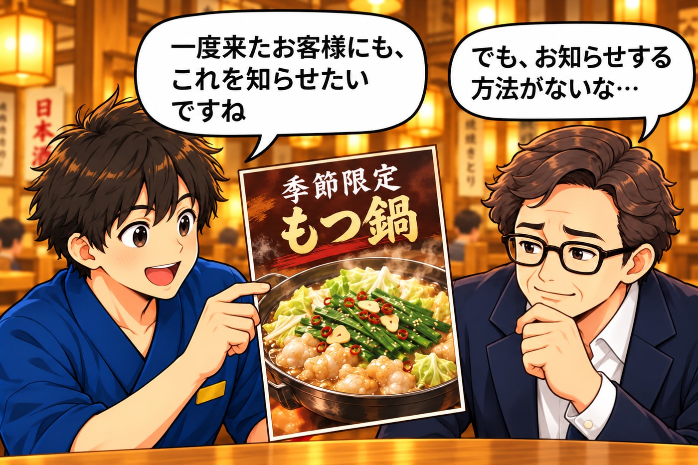 季節限定もつ鍋のポスターを前に、店長が「一度来たお客様にも、これを知らせたいですね」、社長が「でも、お知らせする方法がないな…」