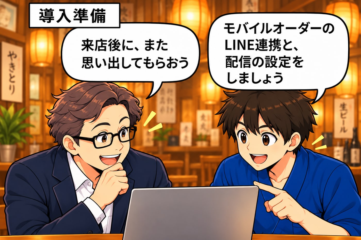 導入準備。ノートパソコンを前に社長が「来店後に、また思い出してもらおう」、店長が「モバイルオーダーのLINE連携と、配信の設定をしましょう」