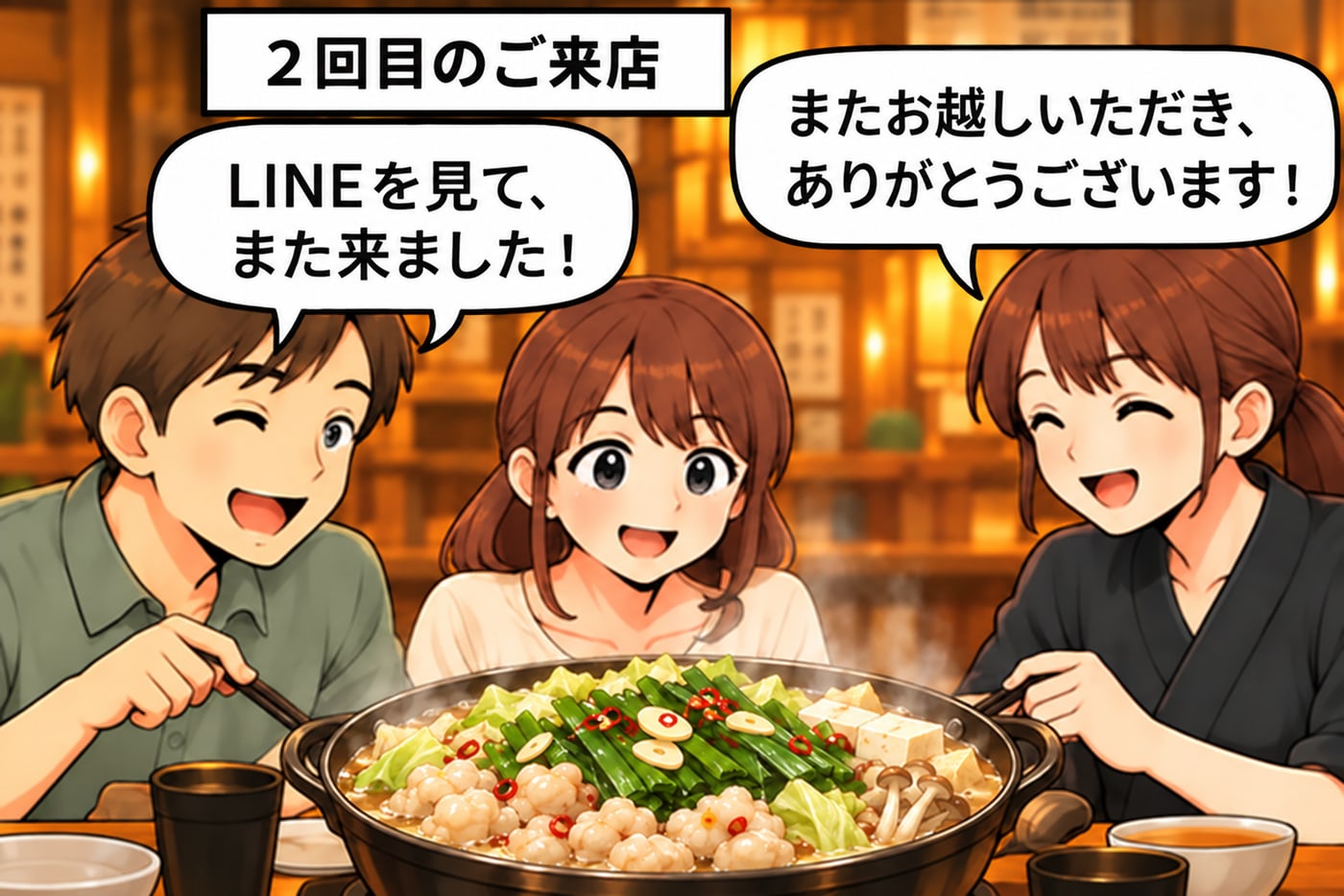 2回目のご来店。もつ鍋を囲んで「LINEを見て、また来ました！」、スタッフが「またお越しいただき、ありがとうございます！」