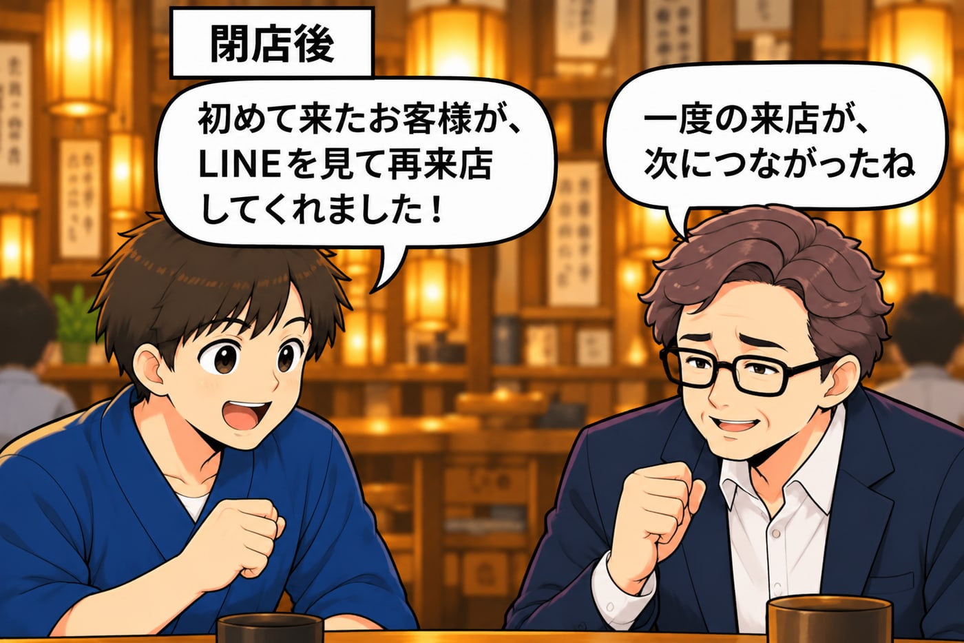 閉店後。店長が「初めて来たお客様が、LINEを見て再来店してくれました！」、社長が「一度の来店が、次につながったね」